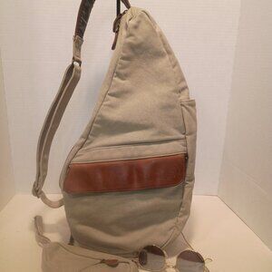 LL BEAN AMERIBAG Traveler LG Ergo Sling Pack Tan Canvas Brown Leather w Mini Bag